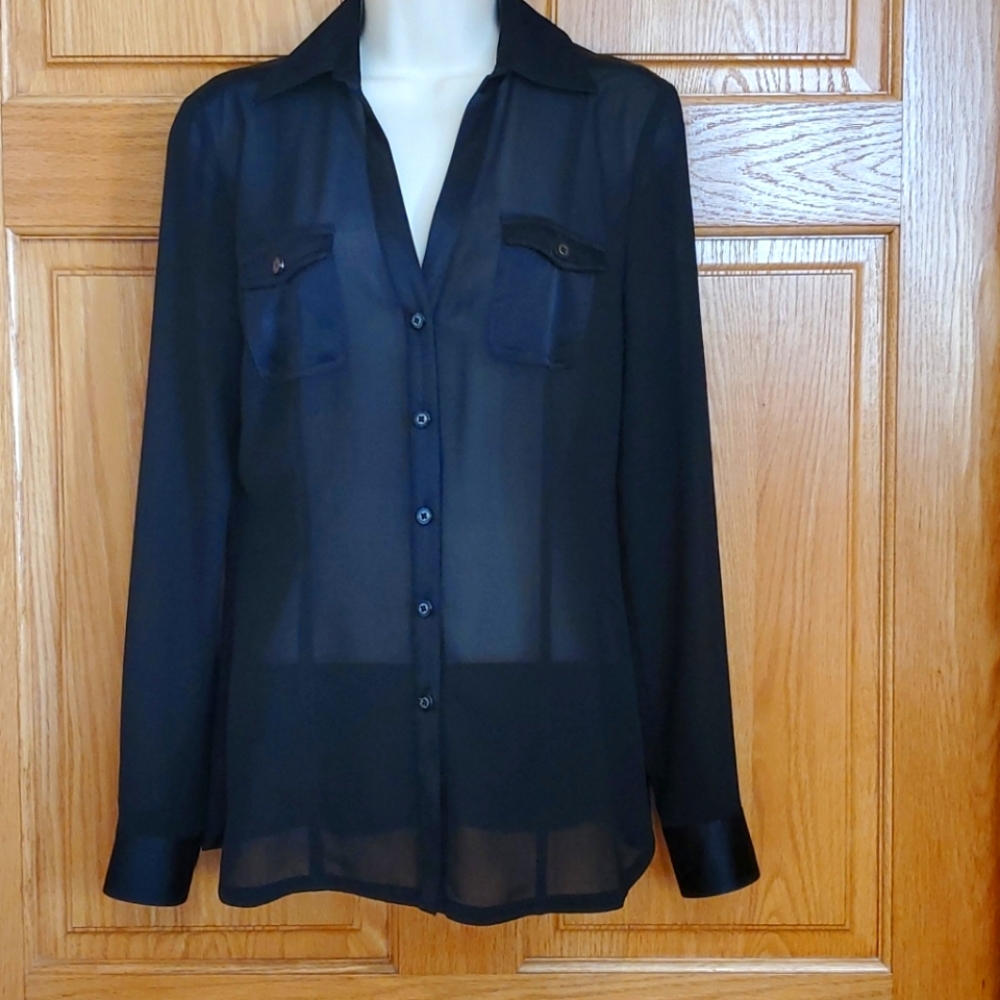 Cache Black Sheer  Button-up blouse.